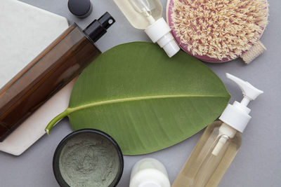 High angle view of beauty products on table