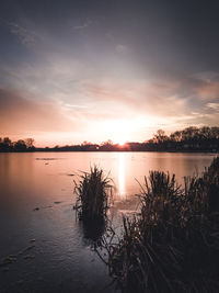 Scenic view of lake against sky during sunset