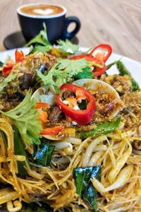 High angle view of meal served on table