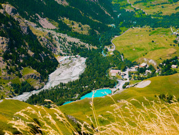 High angle view of lake in valley