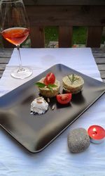 High angle view of various food served on table