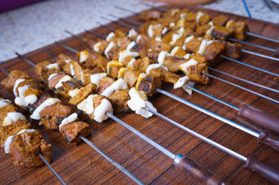 High angle view of meat on table