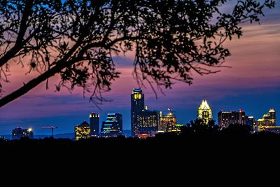 City skyline at sunset