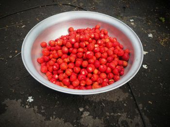 High angle view of strawberries in bowl