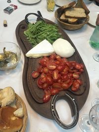 High angle view of served food in plate