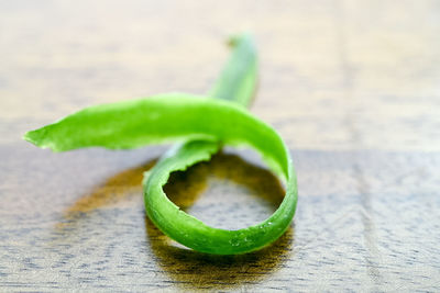 Close-up of green leaf on table