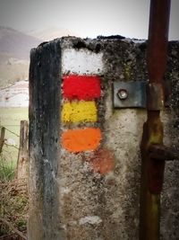 Close-up of wet wooden post on landscape against sky