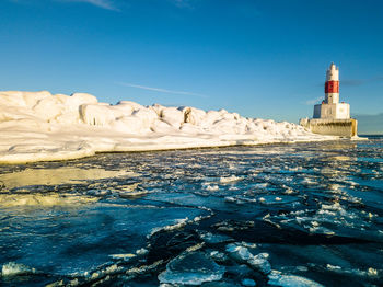 Scenic view of sea against clear blue sky