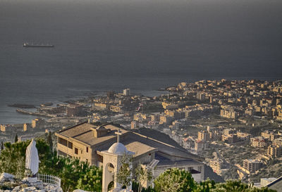 High angle view of buildings in city