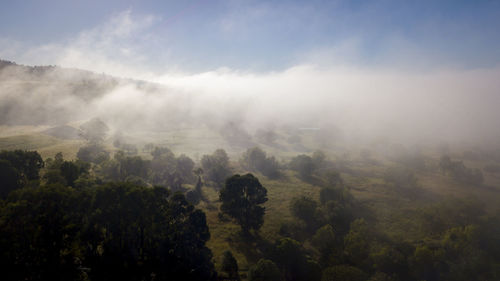 Scenic view of foggy weather against sky