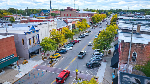 High angle view of people on road