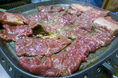 High angle view of meat in cooking pan