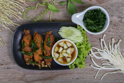 High angle view of food served on table