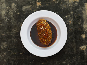 High angle view of food in bowl on table