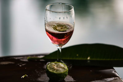 Close-up of beer in glass on table