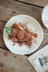 High angle view of dessert in plate on table