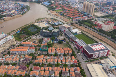 High angle view of buildings and street in city