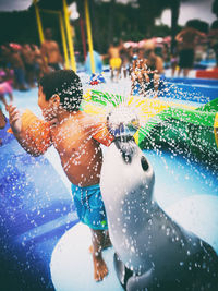 High angle view of stuffed toy in swimming pool