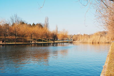 Scenic view of calm lake against clear sky