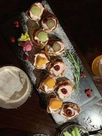 High angle view of dessert on table