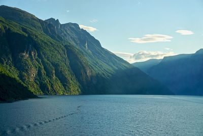 Scenic view of sea by mountains against sky
