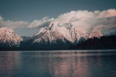 Scenic view of lake by snowcapped mountains against sky