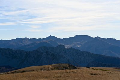 View of mountain range against cloudy sky