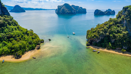 Nature seascape island and mountain green forest and beautiful sand beach at ao nang rairay tourist 