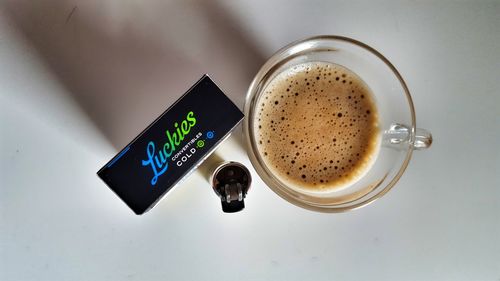 High angle view of coffee on table