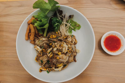 High angle view of food in plate on table