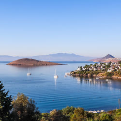 Scenic view of sea against clear blue sky