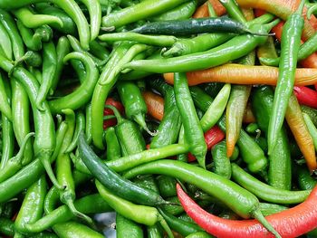 Full frame shot of green chili peppers for sale at market