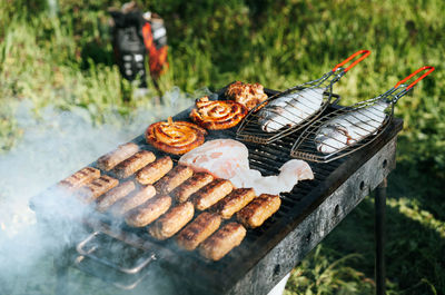 Meat on barbecue grill in field in summer