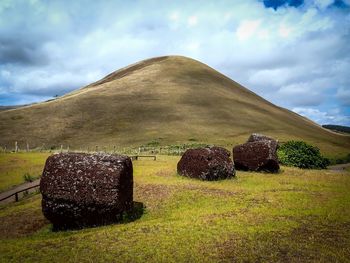 Rocks on field against mountain