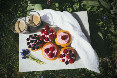 High angle view of breakfast on table