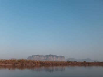 Scenic view of lake against clear blue sky