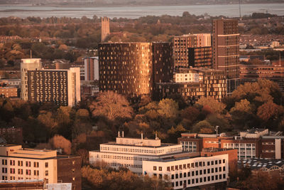 Aerial view of the city from the harbour of portsmouth, hampshire, southern england