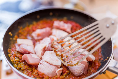 High angle view of meat in plate