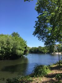 Scenic view of river against clear blue sky