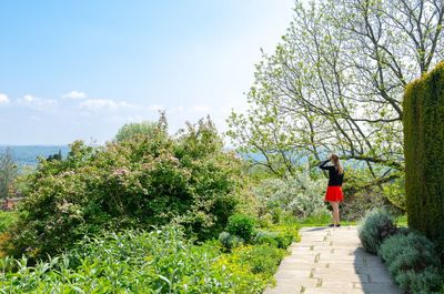 Rear view of woman in a red skirt in late spring , early summer, enjoying the lush gardens 