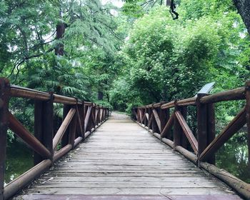 Empty wooden footbridge over river against trees in forest