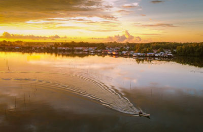 Scenic view of lake against sky at sunset