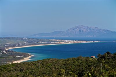 Scenic view of landscape by blue sea against clear sky