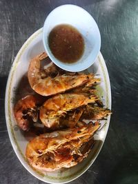 High angle view of noodles in bowl on table