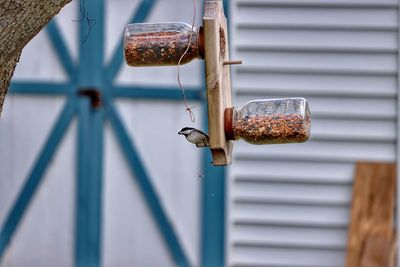 Close-up of rusty metal hanging against wall