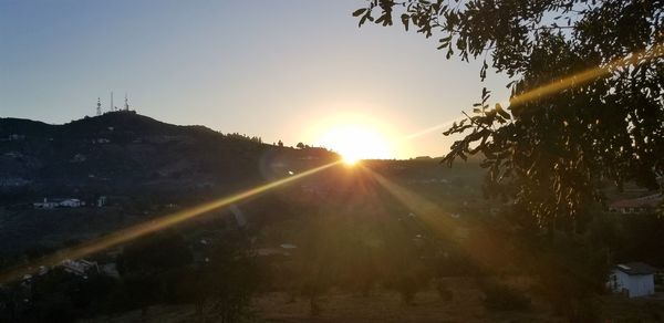 Sunlight streaming through silhouette trees against sky during sunset