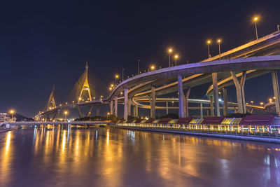 Illuminated bridge over river against sky at night