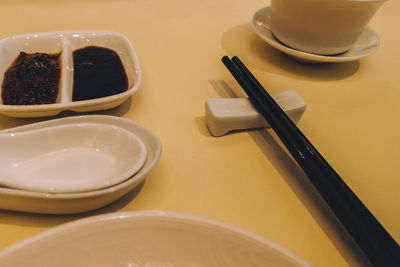 High angle view of breakfast on table