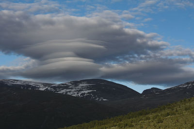 Scenic view of mountains against cloudy sky