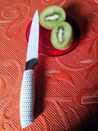 High angle view of fruits in plate on table